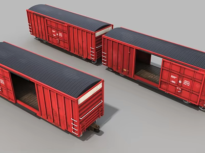Three Red Railway Freight Train Cars With Black Roofs And Open Doors 3d model