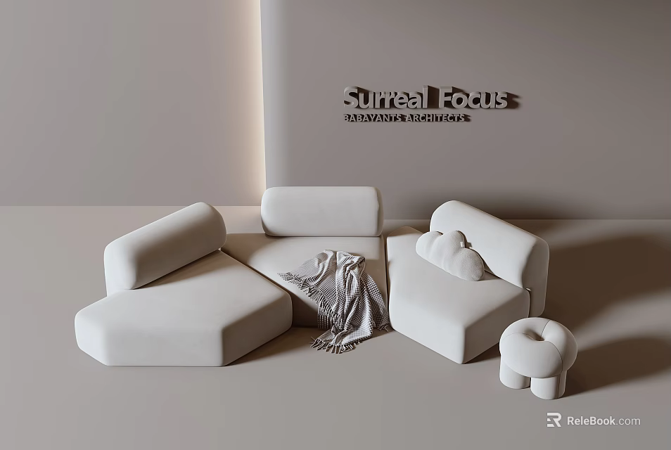 White Sectional Sofa with Modular Design Throw Blanket and Ottoman in Light Room 3d model 