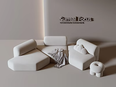 White Sectional Sofa with Modular Design Throw Blanket and Ottoman in Light Room 3d model