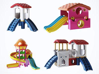 Colorful Children Playground Equipment With Slides House Shaped Structures And Mushroom Roof 3d model