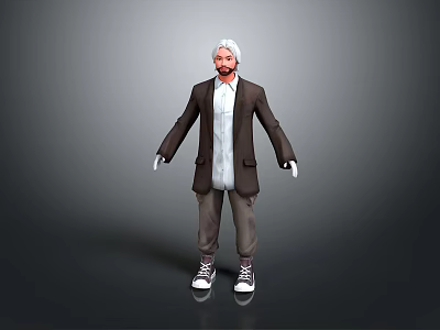 Man With White Hair Standing Wearing Brown Blazer White Shirt Brown Pants And White Sneakers 3d model