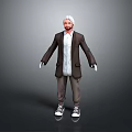 Man With White Hair Standing Wearing Brown Blazer White Shirt Brown Pants And White Sneakers