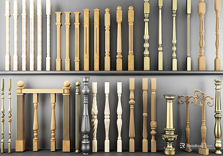Variety of Decorative Balusters with Wooden Metal and Carved Designs for Home Railings 3d model 
