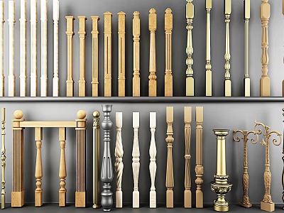 Variety of Decorative Balusters with Wooden Metal and Carved Designs for Home Railings 3d model