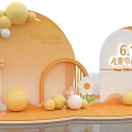 Children's Day Photo Spot With Welcome Sign Yellow White Balloons Decorative Flowers And Curved Structures