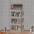Modern Beige Multi Layer Cabinet Storing Dishes Bowls And Cups Against White Tiled Kitchen Wall