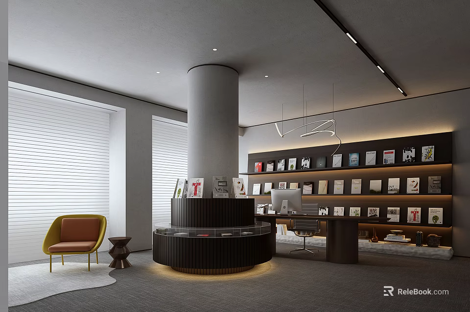 Modern Office Interior Design With White Blinds Round Column Circular Display Table And Orange Chair 3d model 