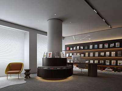 Modern Office Interior Design With White Blinds Round Column Circular Display Table And Orange Chair 3d model