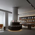 Modern Office Interior Design With White Blinds Round Column Circular Display Table And Orange Chair