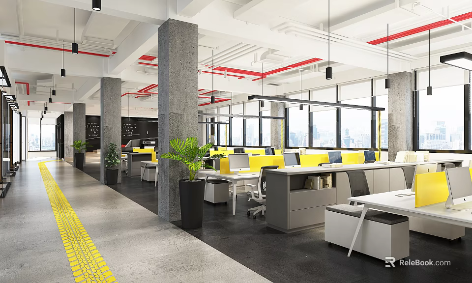 Modern Public Office Space Featuring Open Layout Workstations Green Plants And Large Windows 3d model