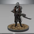 Elegant Detailed 3D Armored Character With Silver Hat And Sword On Circular Sand Base