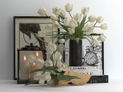 Decorative Ornament Set With White Tulips Black Vase Lantern Candles Framed Art Clock CHANEL Books 3d model