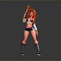Red Haired Woman Holding Baseball Bat In Black Shorts White Top Gray Socks And Sneakers