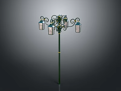 Ornate Green Street Lamp Post With Multiple Glass Lanterns And Decorative Scrolls 3d model