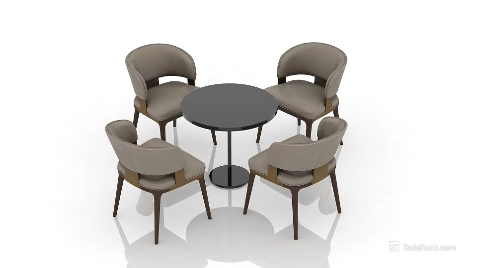 Modern Round Black Table With Four Gray Upholstered Dining Chairs 3d model 