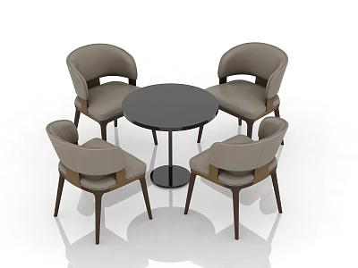 Modern Round Black Table With Four Gray Upholstered Dining Chairs 3d model
