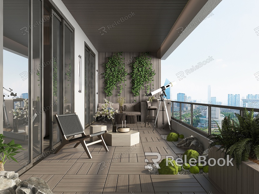 Modern Balcony Home Garden Balcony Villa Balcony Green Planting Flower Box Leisure Rattan Chair Wall Lamp Green Planting Wall Guardrail model