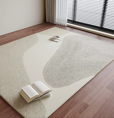 Square Light Beige Rug With Textured Wave Pattern On Wooden Floor And Open Book 3d model