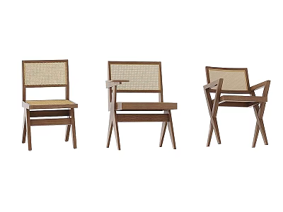 Modern Wooden Dining Chairs With Simple Rattan Back And Seat Design 3d model