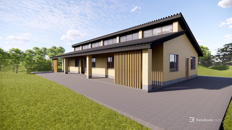 Traditional Ancient Architecture Exterior With Black Roof Yellow Wall Front Lawn And Trees 3d model 