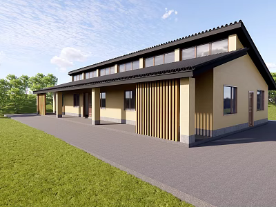Traditional Ancient Architecture Exterior With Black Roof Yellow Wall Front Lawn And Trees 3d model