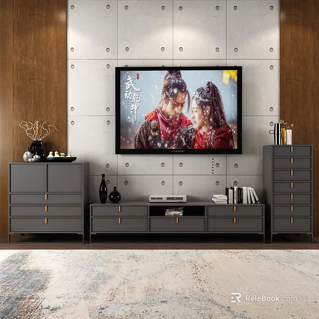 Modern Gray TV Stand With Drawer Cabinets TV And Decorative Vases 3d model 