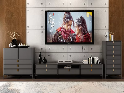 Modern Gray TV Stand With Drawer Cabinets TV And Decorative Vases 3d model