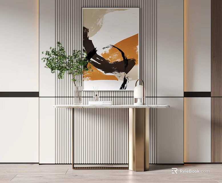 Stylish Console Table Interior With Abstract Painting Green Plant Gold Legs And Striped Wall Panels 3d model 