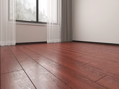 Dark Wooden Flooring In Bright Room With Windows And Curtains 3d model
