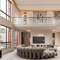 Spacious Duplex Living Room With Curved Sofa Large Windows And Round Rug