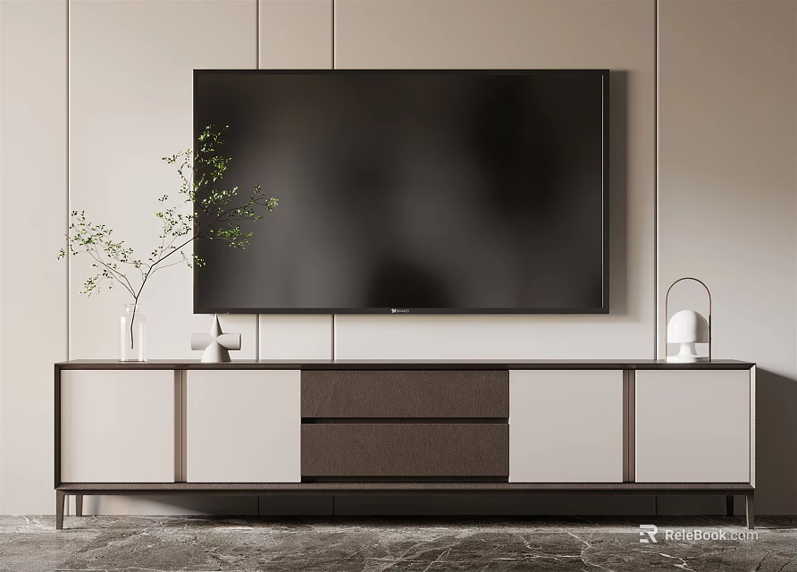 Modern TV Stand With Storage Drawers And Decorative Items In Living Room 3d model 