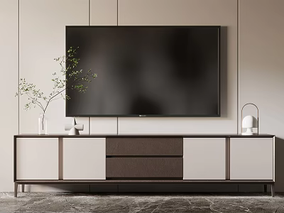 Modern TV Stand With Storage Drawers And Decorative Items In Living Room 3d model