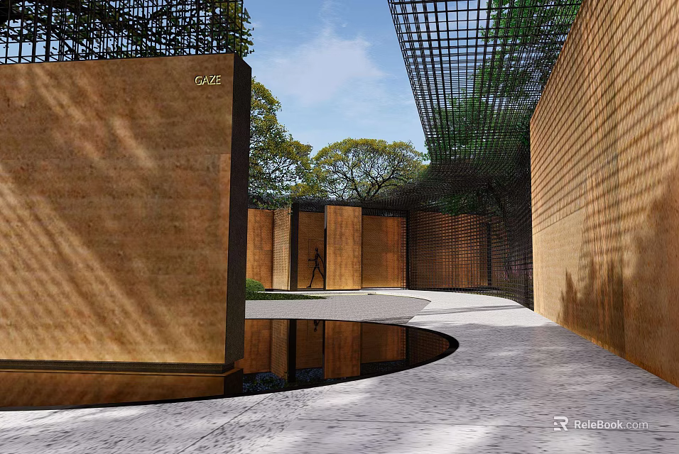 Serene Garden Landscape With Brick Walls Water Pool Latticed Roof And Pathway 3d model 