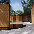 Serene Garden Landscape With Brick Walls Water Pool Latticed Roof And Pathway