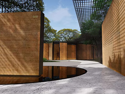 Serene Garden Landscape With Brick Walls Water Pool Latticed Roof And Pathway 3d model