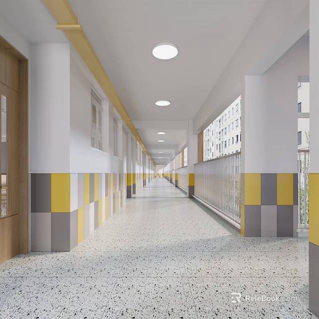 Modern Office Corridor With White Pillars Yellow Gray Accents Round Ceiling Lights And Terrazzo Floor 3d model 