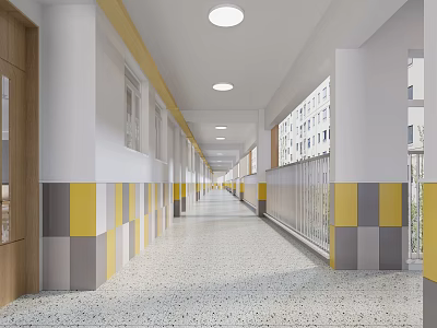 Modern Office Corridor With White Pillars Yellow Gray Accents Round Ceiling Lights And Terrazzo Floor 3d model