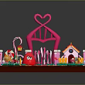 Colorful Decorative Scene With Pink Heart Shaped Decoration Small House Fence Yellow Floor And Flowers