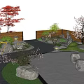 Japanese Garden Courtyard With Wooden Pavilion Red Maple Cherry Blossom Trees Stone Path Water Feature