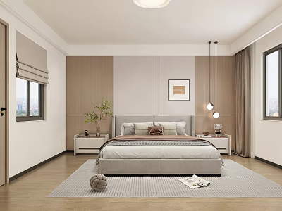 Modern Bedroom Interior Design With Grey Bed Nightstands Rug Artwork And Curtains 3d model
