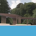 Outdoor Pergola with Wooden Floor Metal Railings and Platform by Classic Mansion Surrounded by Trees