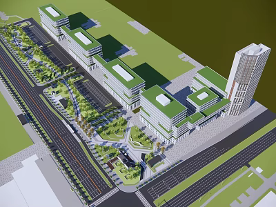 Modern Office Building Complex With Green Roofs Landscaped Areas And Tower Structure 3d model