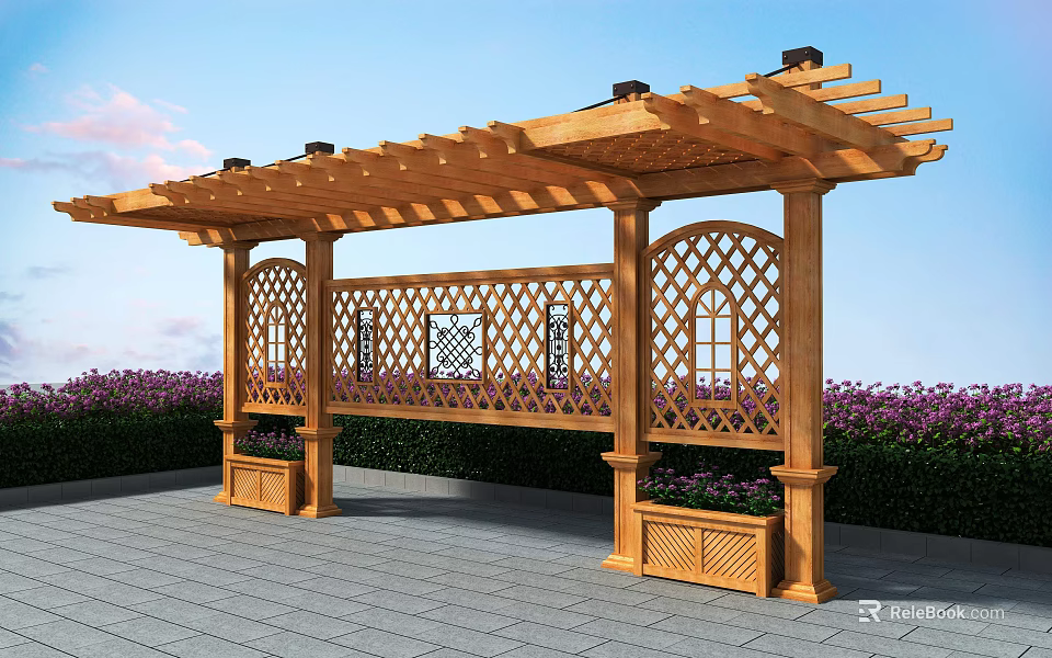 Wooden Pergola With Beam Roof Lattice Sides Flower Boxes And Blue Sky Purple Flower Bushes 3d model 