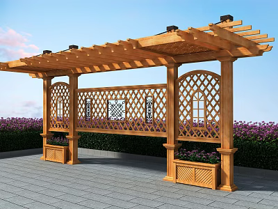 Wooden Pergola With Beam Roof Lattice Sides Flower Boxes And Blue Sky Purple Flower Bushes 3d model