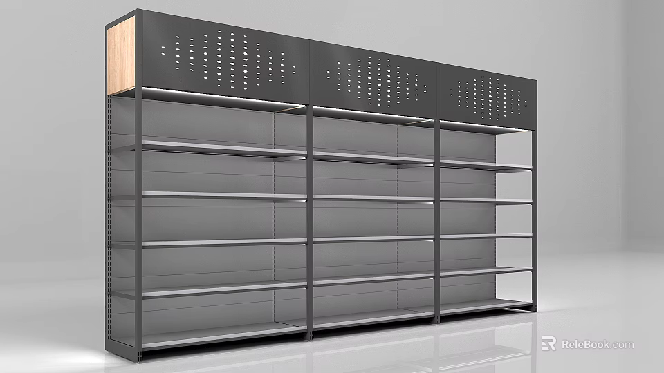 Modern Metal Display Shelf With Open Shelves And Wooden Panel For Retail Stores 3d model 