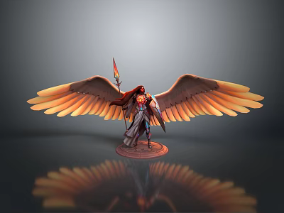 Fantasy Winged Character As Mythical Creature Holding Torch With Orange Golden Wings And Robe 3d model