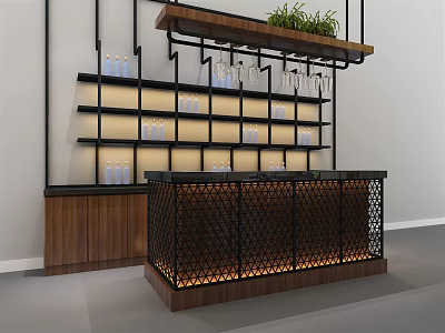 Modern Reception Desk With Black Metal Mesh Wooden Cabinet Hanging Shelves Green Plants And Lighting 3d model