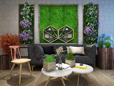 Gray Sofa Coffee Table Set With Green Grass Wall Floral Decor And Potted Plants 3d model