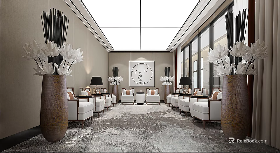 Modern Hotel Public Lounge Area With Large Windows Glass Skylight White Sofas And Circular Painting 3d model 