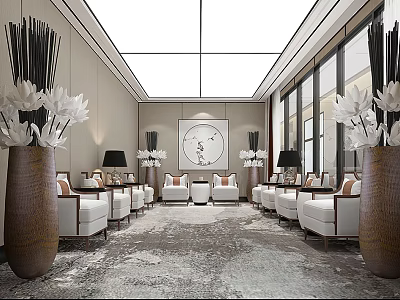 Modern Hotel Public Lounge Area With Large Windows Glass Skylight White Sofas And Circular Painting 3d model